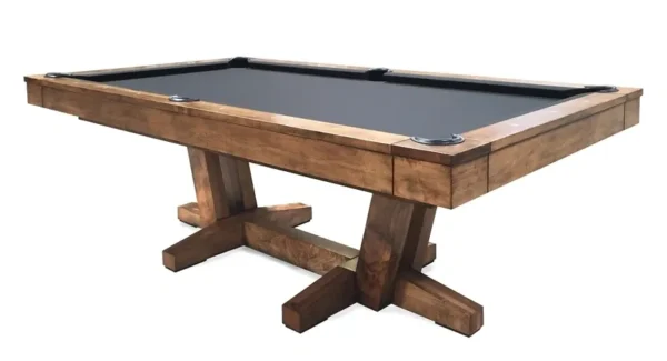 A pool table with a black cloth and wooden legs (Item # CH5074-PT).