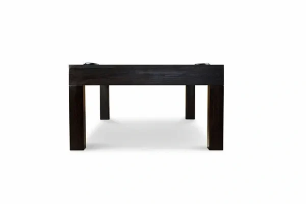 A black table with a wooden top on a white background, Item # VG5186-PT.