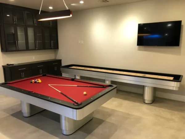 A game room with a GW5087-PT pool table and a tv.