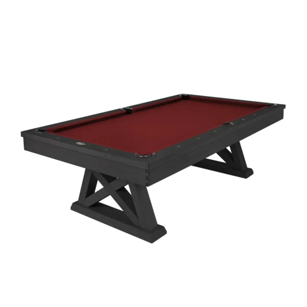 A black pool table with a red cloth, Item # IM5150-PT.