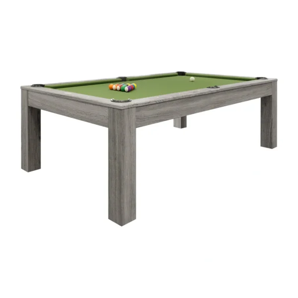 A pool table with a green cloth and a wooden frame, Item # IM5159-PT.