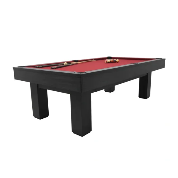 A pool table with a red cloth and black legs, Item # IM5130-PT.
