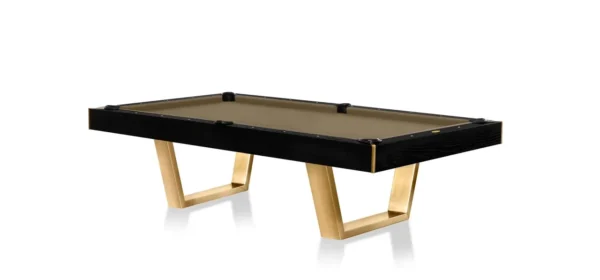 A pool table with black leather and gold legs, also known as Item # PH5070-PT.