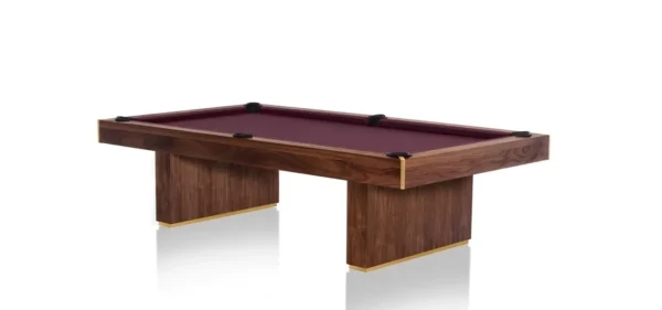 A pool table with a burgundy cloth and gold legs, Item # PH5110-PT.