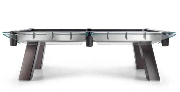 A billiard table with a glass top and wooden legs, the Item # IB5035-PT.