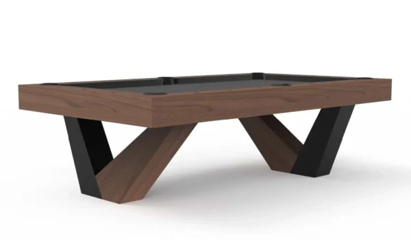 A pool table with a walnut finish and black legs, Item # AH5203-PT.