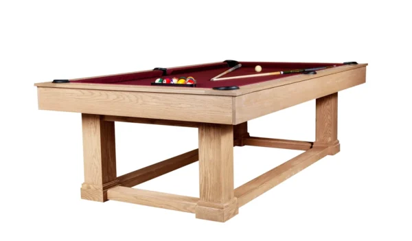 A pool table with a red cloth and two cues. Item # AH5189-PT