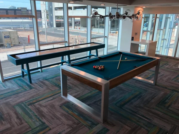 A pool table and shuffleboard table (Item # CM5036-PT) in a room with large windows.