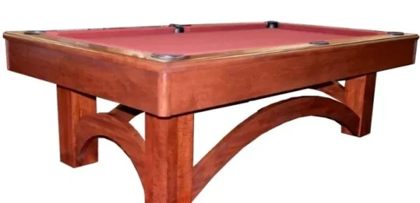 A CO5119-PT pool table with a red cloth and a wooden frame.