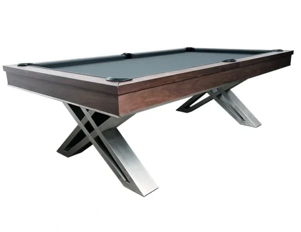 A pool table with Item # PR5148-PT legs and a black cloth.