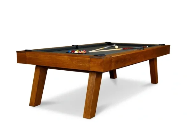 A pool table with a cue and balls, PT.