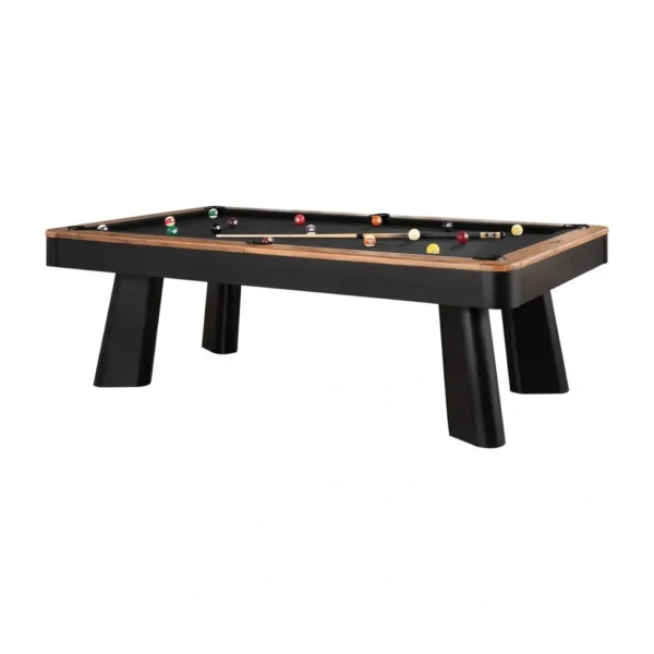 A billiard table with black legs and a pool cue, Item # IM5232-PT.