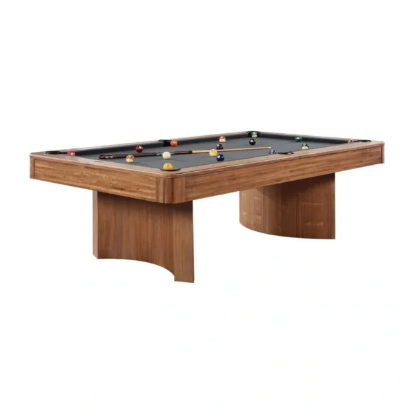 A billiard table with a wooden frame and pool cues, Item # IM5233-PT.