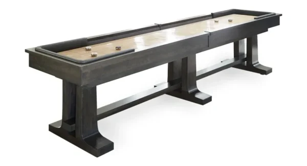 An Item # CH6048-SH shuffleboard table with two Item # CH6048-SH shuffleboards on it.