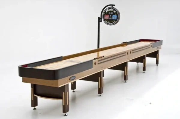 An Item # GW6061-SH shuffleboard table in a white room.