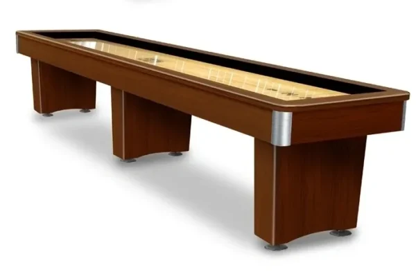 A shuffleboard table with two legs and a black top, Item # CP6063-SH.