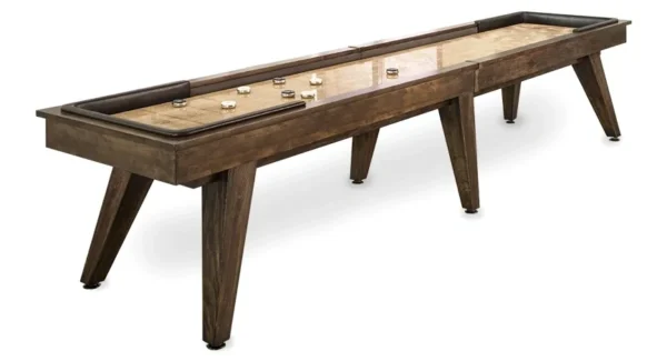 A shuffleboard table (Item # CH6031-SH) with a wooden top and legs.
