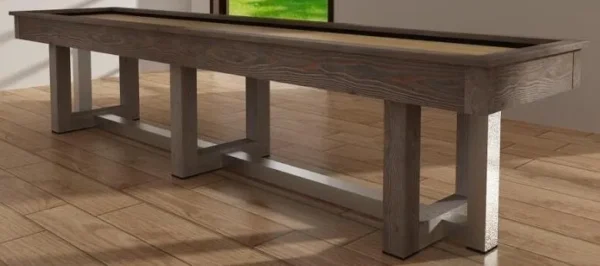 A Item # AH6123-SH shuffleboard table in a room with hardwood floors.