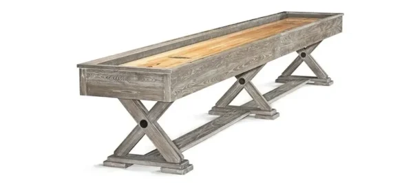 A Item # BR6144-SH shuffleboard table with a wooden top.