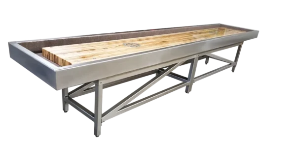 A shuffleboard table with a wooden top, item # CP6070-SH.