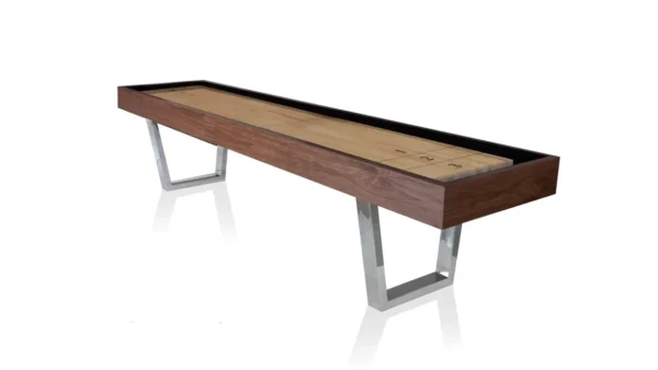 A shuffleboard table with a wooden top and metal legs, Item # PH6086-SH.