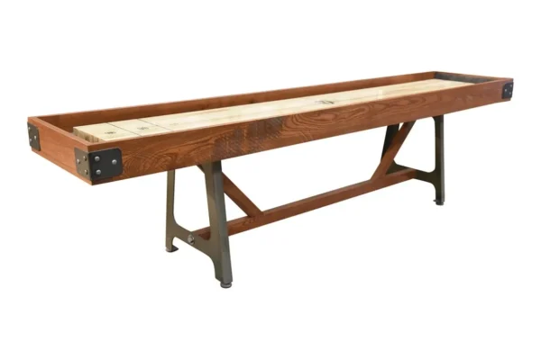 A wooden Item # VG6135-SH shuffleboard table with metal legs.