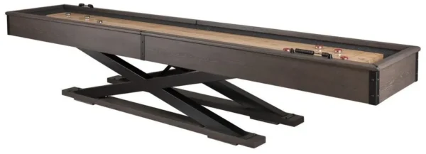 A shuffleboard table with a wooden base, Item # AH6018-SH.
