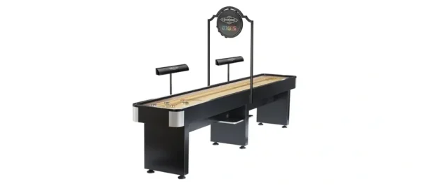 A black shuffleboard table with the Item # BR6159-SH on it.