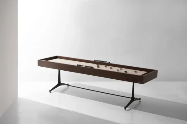 An Item # DE6132-SH shuffleboard table in a room.