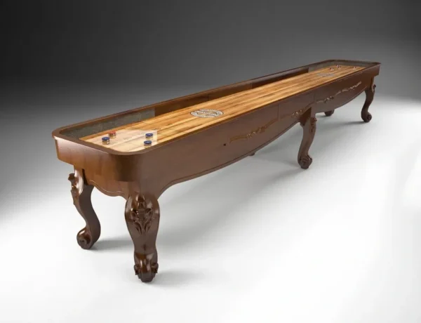 A shuffleboard table (Item # CP6071-SH) with a wooden frame.