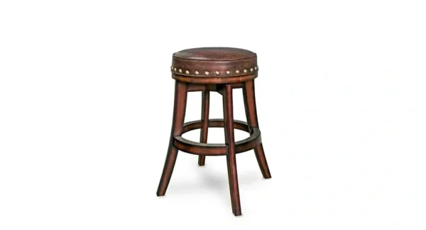 A wooden bar stool with a brown leather seat.