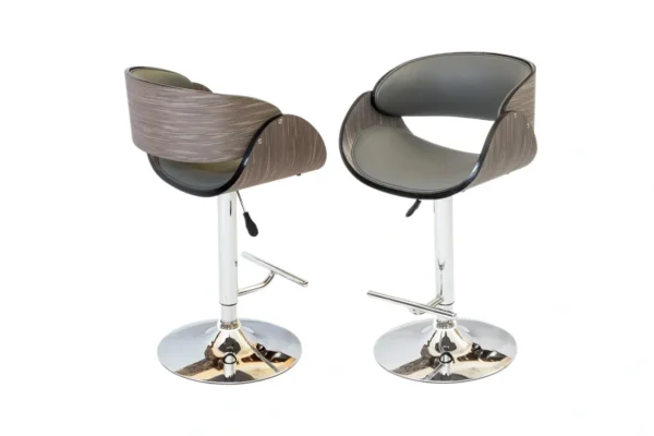 A pair of grey and black bar stools on a white background.