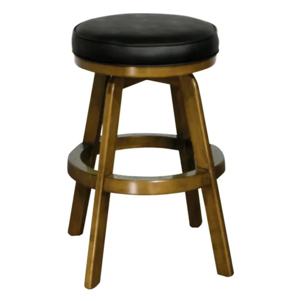 A wooden bar stool with black leather seat.