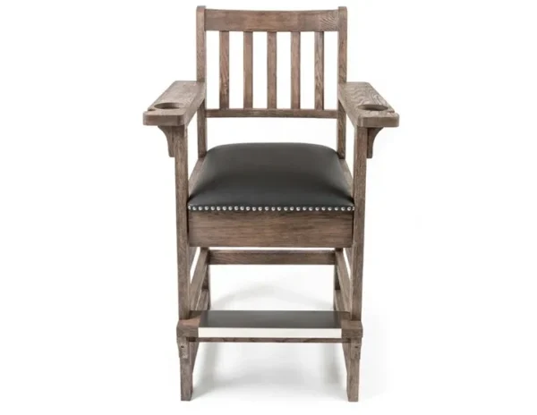 A wooden chair with a leather seat.