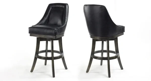 Two black leather bar stools on a white background.