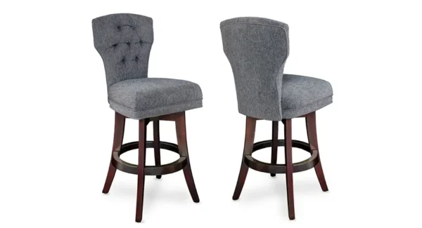 Two grey upholstered bar stools on a white background.