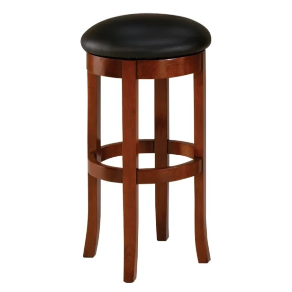 A wooden bar stool with black leather seat.