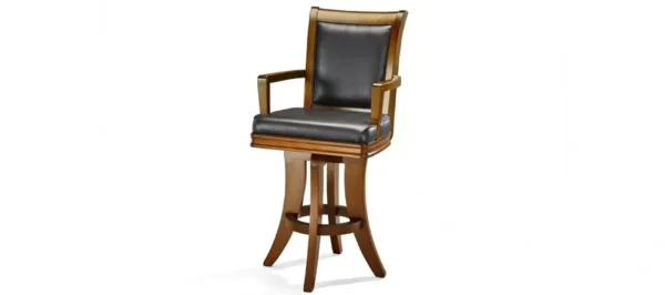 A bar stool with a black leather seat.