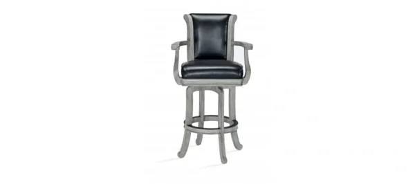 A bar stool with a black leather seat.