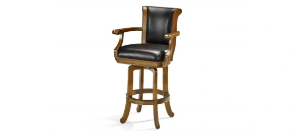 A bar stool with a black leather seat.