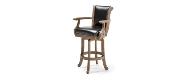 A wooden bar stool with a black leather seat.
