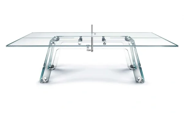 A glass ping pong table with metal legs.