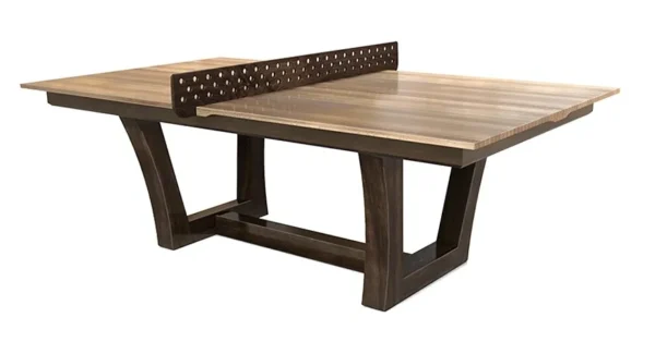 A wooden table with a ping pong table top.