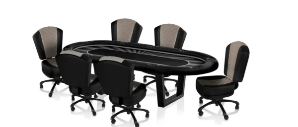 A black and white poker table with stools and chairs.