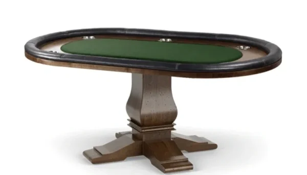 A poker table with a green cloth on top.