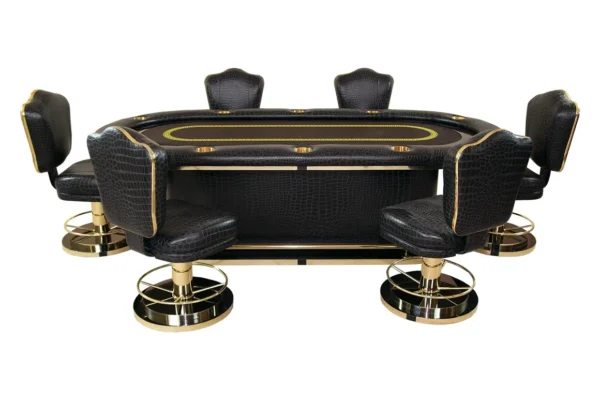 A black and gold poker table with four stools.
