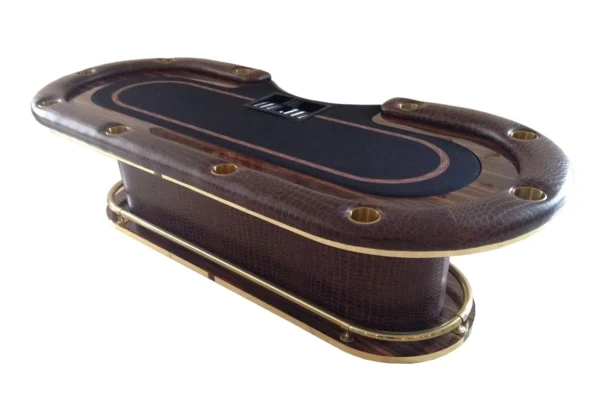 A poker table with a brown leather top.