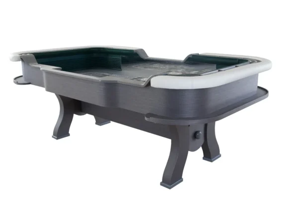 A pool table with a green top and a black base.