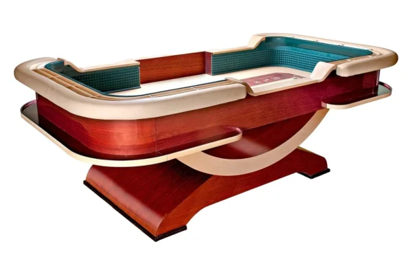 A casino table with a red and blue table top.