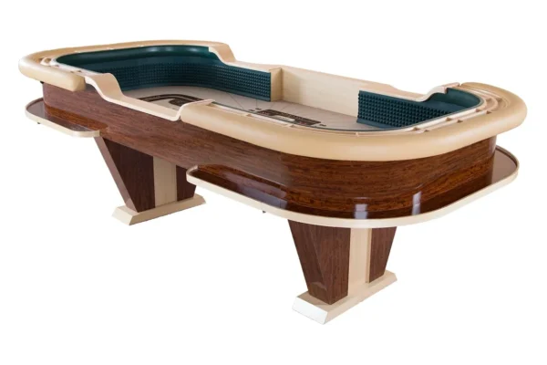 A casino table with a green and brown table top.